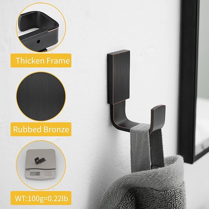 BESy Brass Clothes Hook Single Towel Hook for Bathroom Kitchen Garage Square Style Robe Hooks Coat and Hat Hook, Self Adhesive or Wall Mounted with Screws, Oil Rubbed Bronze
