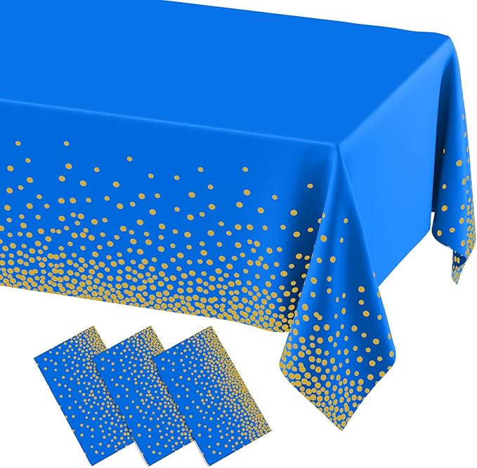 misaya 3 Packs Dot Disposable Table Cloth, 54 x 108 Inch Waterproof Plastic Tablecloth, Rectangle Gold Dots in Blue Table Covers for Picnic, Birthday, Party
