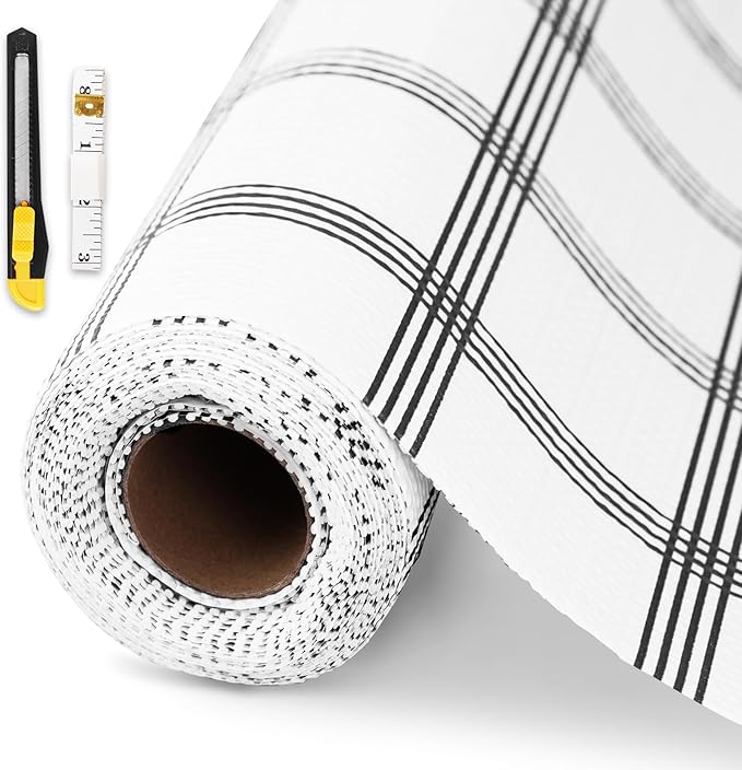 Drawer and Shelf Liner for Kitchen Cabinet,Non-Adhesive Cabinet Liner 12in x 10FT,Waterproof Shelf Paper Non-Slip Mats Cupboard Liners Contact Protect Dresser/Shelves/Table-White Stripes