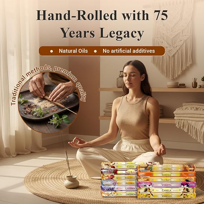 Tulasi Incense Sticks Pack of 12 Natural Scent (240 sticks) Variety Fragrance of Coconut, White Sage, Red Rose, Palo Santo Lavender & Cinnamon etc, Ideal For Meditation & Positive Vibes, Thanks Giving