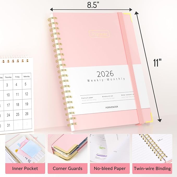 Forvencer 2026 Planner, Hardcover Calendar Planner Weekly and Monthly, Jan 2026 - Dec 2026, 8.5" x 11", Spiral Agenda Book with Tabs, Exquisite Daily Journal Organizer for Home School, Olive Green