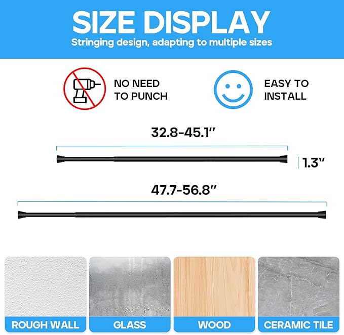 Tension Curtain Rod Black 1PCS Tension Rods for Windows 30 to 64 Inch Spring Curtain Rod Adjustable Tension Rod Tension Curtain Rod of Bathroom Window Curtain Rod Closet rod Kitchen rod Wardrobe