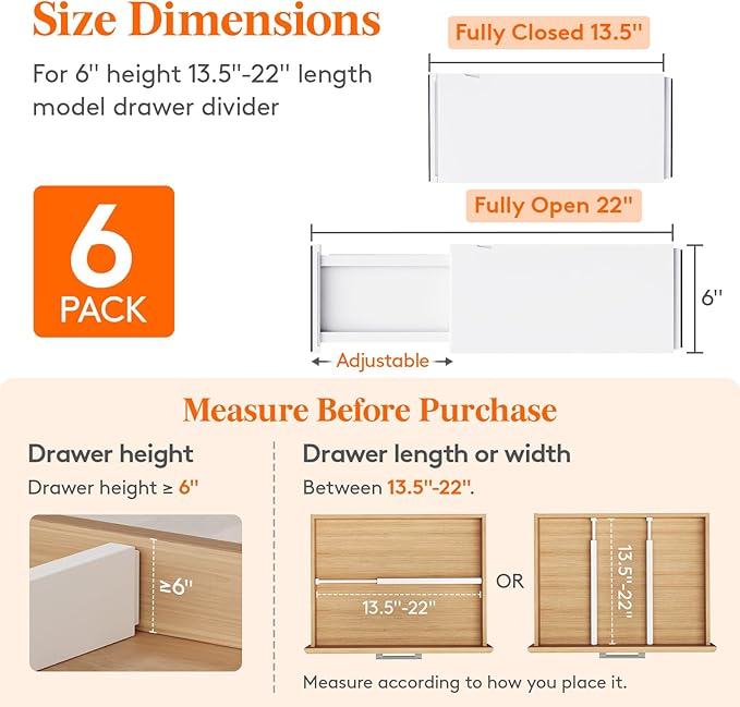 Lifewit 6 Pack Drawer Dividers Plastic 6" High, 13.5-22" Adjustable Drawer Organizers for Clothes, Expandable Dresser Separators in Bedroom/Bathroom/Kitchen/Office Organization and Storage, PLS6