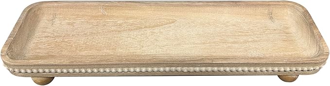 Oval Wooden Decorative Tray, Farmhouse Style, Beaded Serving Tray for Living Room, Coffee Table (White Wash)