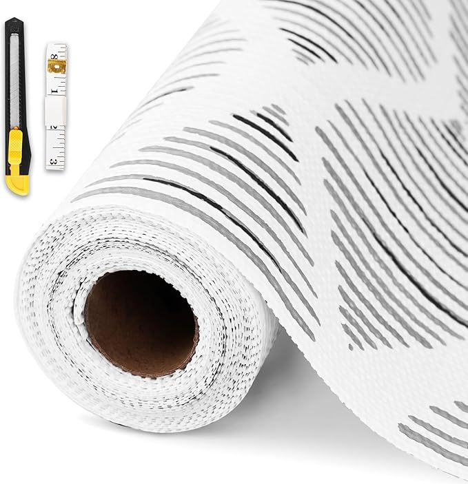 Shelf and Drawer Liners for Kitchen Cabinet,Non-Adhesive Cabinet Liners 12in x 10FT,Waterproof Shelf Paper Non-Slip Mats Cupboard Liner Contact Protect Dresser/Shelves/Table-Square Stripes