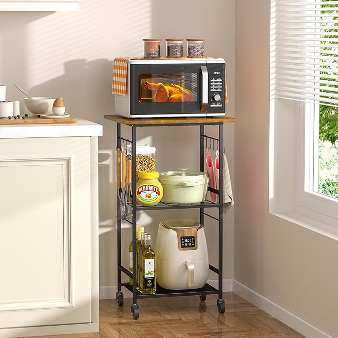 ThreeHio Rolling Kitchen Microwave Cart, 3 Tier Microwave Table Stand with Adjustable Shelf, Kitchen Storage Rack on Wheels, Coffee Station Cart Rack Shelf Organizer for Living Room Office, Balcony