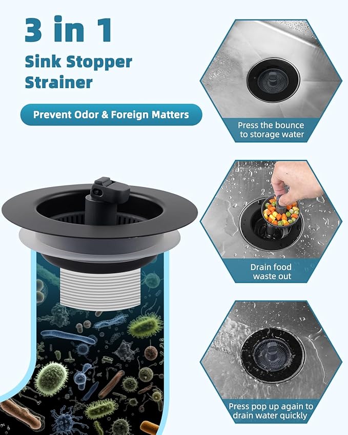 Universal 3 in 1 Kitchen Sink Drain Strainer Stopper Combo, Black Stainless Steel Shell Pop Up Sink Stopper for US Standard 3-1/2 inch Drain Filter, Anti-clog and Easy Clean, Matteblack