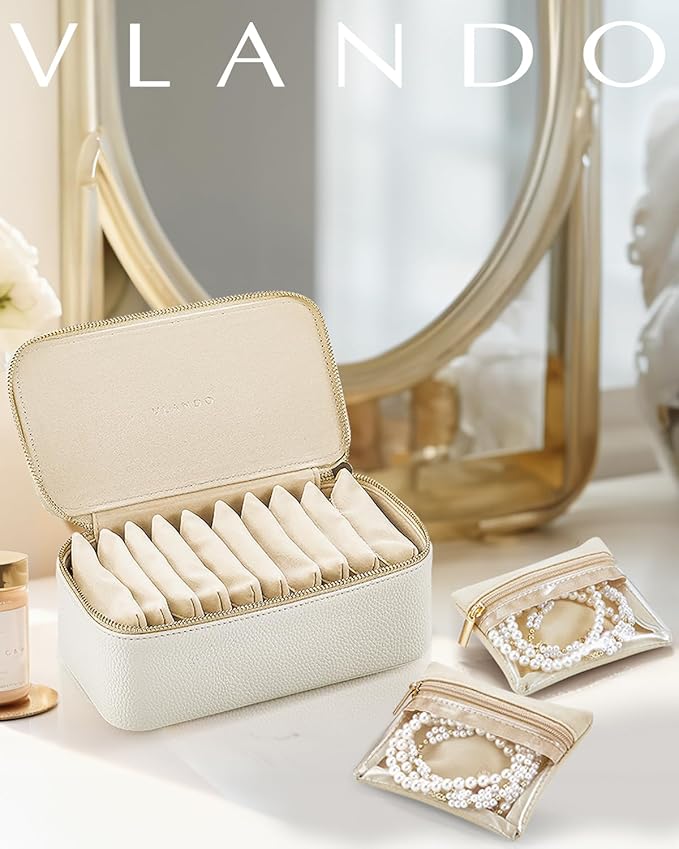 Vlando Travel Jewelry Case, Jewelry Box with 12 Velvet Jewelry Pouches, Jewelry Travel Organizer for Women and Girls, Jewelry Case, Necklace, Rings, Earrings Bags, Wedding Gifts (White)