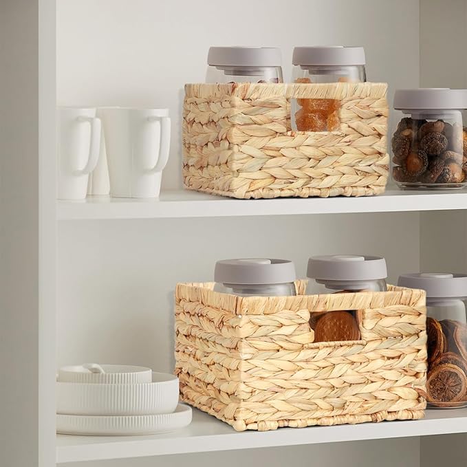 WEAVELYRICS Wicker Storage Baskets, Water Hyacinth Basket for Organizing, Rectangular Woven Storage Basket with Handles for Shelves, Pantry, Set of 2, Large and Small (Natural Hyacinth)