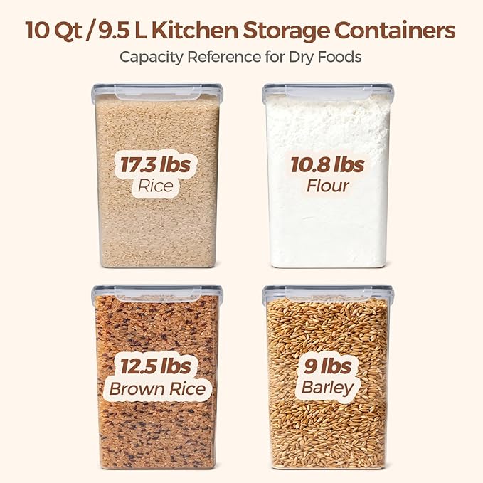 ComSaf Rice Container Set of 2 (9.5L/10Qt), Large Airtight Food Storage Containers with Lid and Rice Washer, Plastic Canister Sets for the Kitchen, Pantry Organizers for Flour, Cereal, and Cooking