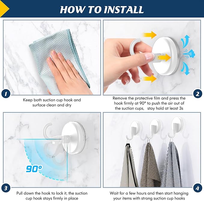 Suction Cup Hooks for Shower, Shower Hooks Mounting on Glass Doors, Tile, Mirrors, Metals,Hook for Hanging Towels, Robe, Loofah, Jackets-White(4 Pack)