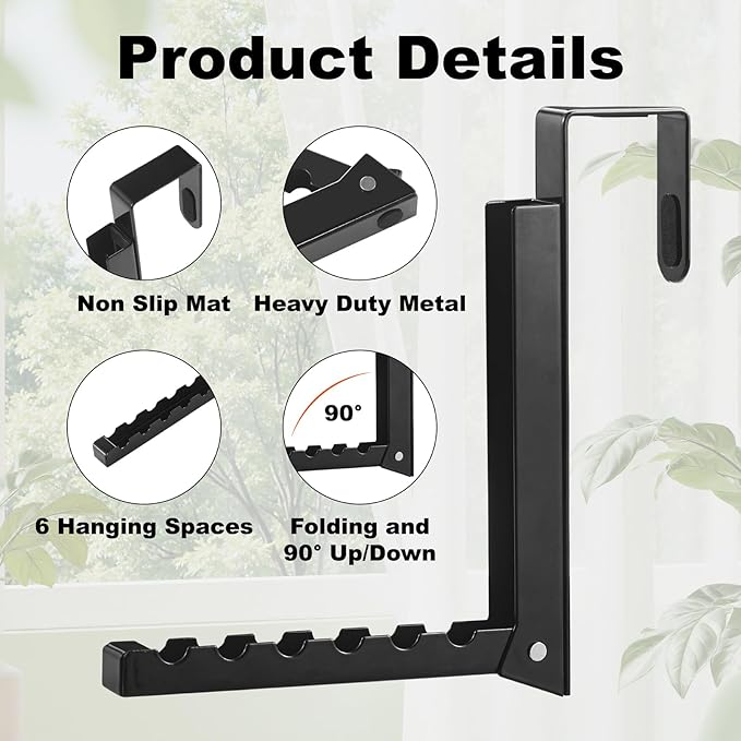 YAZYBHA Over The Door Hooks Hanger for Clothes, 1 Pack Foldable Over The Door Drying Rack for Laundry, Overdoor Hanger Hook with 6 Grooves for Towel, Coat, Black