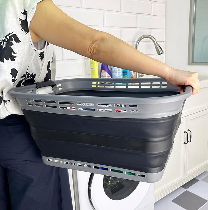 SAMMART 42L (11 Gallons) Collapsible Plastic Laundry Basket - Foldable Pop Up Storage Container/Organizer - Portable Washing Tub - Space Saving Hamper/Basket [BPA Free] (Grey/Black (Set of 2))