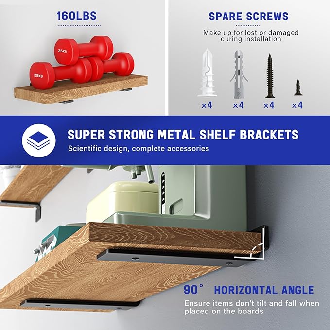 Goovilla Shelf Bracket, Heavy Duty Floating Shelf Brackets 10 inch Long, 12 Pack Brackets for Shelves, Black Coated Metal Wall Shelf Support Brackets with 1/5 Inch Thick and 160 lb. Load Capacity