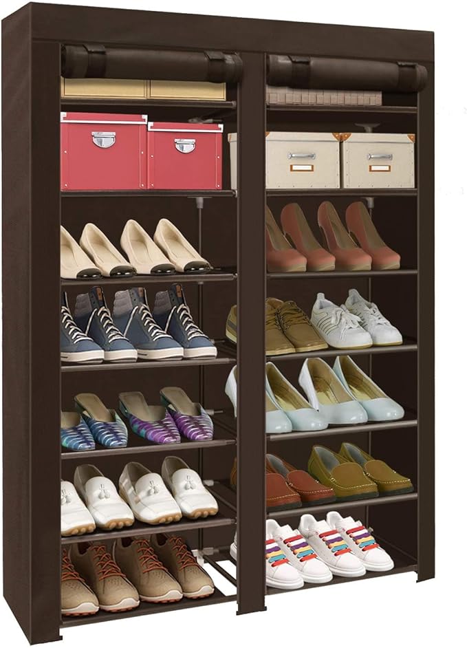 ERONE Shoe Rack Storage Organizer, 28 Pairs Portable Double Row with Nonwoven Fabric Cover Shoe Shelf Cabinet for Closet
