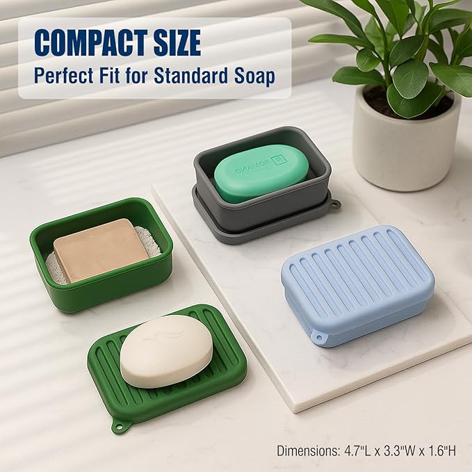 Leak-Proof Silicone Travel Soap Case with Drainage Lid/Layer, Compact Bar Soap Container, Durable Soap Holder for Camping, Gym, and Travel Size Toiletries (Gray)