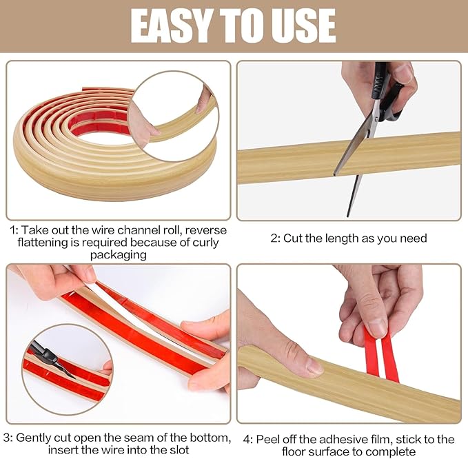 Floor Cord Cover Self Adhesive Cord Hider, 3.3FT Cable Management, Extension Strip Protector for Wires, Prevent Cable Trips for Offices, Gyms, Exhibitions Cavity: 0.3"(W) x0.28(H) WoodLightyellow