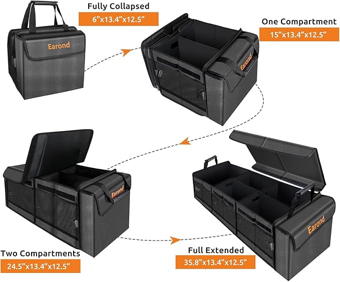 EAROND Large Trunk Organizer with Portable Leakproof Cooler Bag, Foldable Cover, Adjustable Securing Straps, Collapsible Trunk Organizer for SUV Car Truck Sedan (4-in-1 with Cooler)