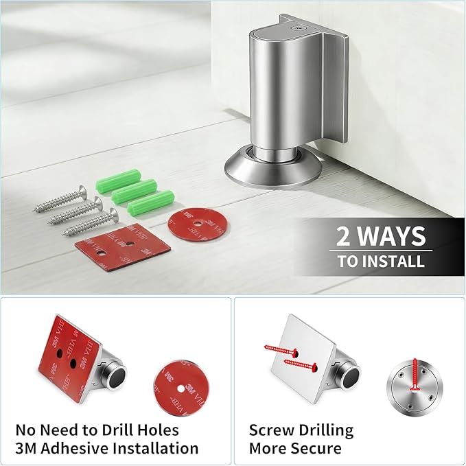 Magnetic Door Stoppers, Magnet Door Stop - Stainless Steel Door Catch, Retractable Bottom of Door Holder Suits Gaps Within 1.4" Keep Door Open, No Drill 3M Adhesive & Screws - Silver 1Pack