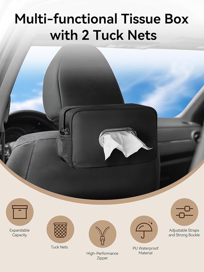 Multi-Functional Car Tissue Holder with ‌2 Storage Nets, Upgraded PU Leather Tissue Box Cover, Large Rectangle Napkin Organizer Fit for 100-150 Regular Size Tissues, Keep Car Tidy, Black