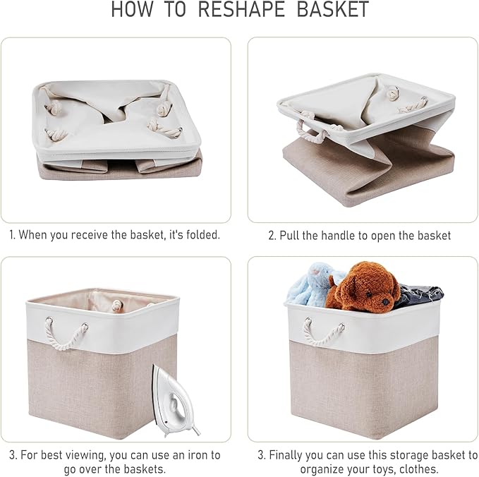 ISEMINGLA 13 x 13 Inch Storage Cubes，6 Pack Cube Storage Bins for Shelves，Fabric Collapsible Storage Bins with Handles, Foldable Storage Basket for Organizing Clothes, Toys, Books (White&Beige)