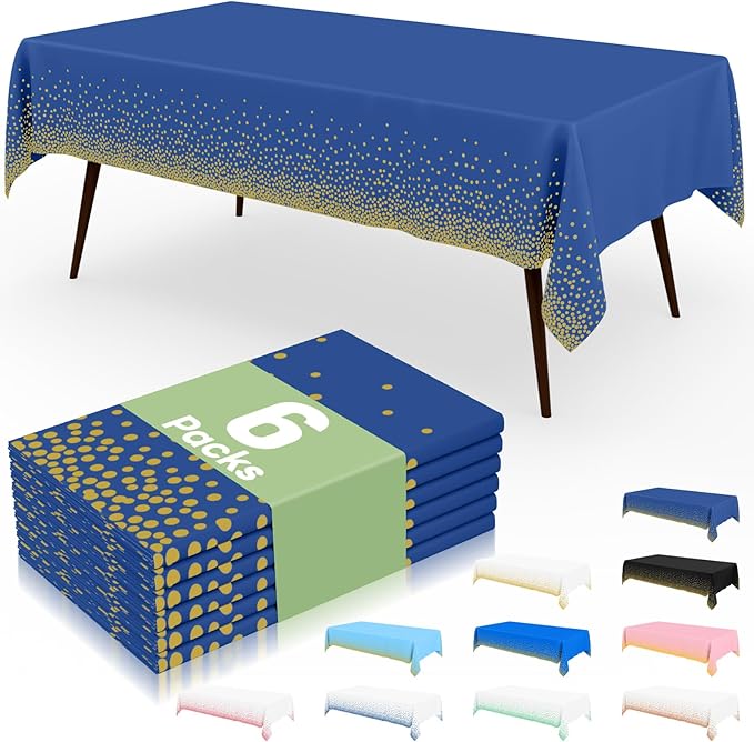 misaya 6 Packs Dot Disposable Table Cloth, 54 x 108 Inch Waterproof Plastic Tablecloth, Rectangle Gold Dots in Navy Table Covers for Picnic, Birthday, Party