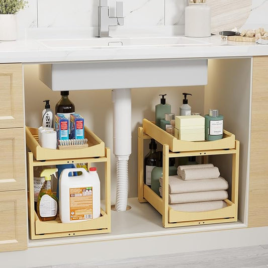 Wisuce Essentials Bamboo Under Sink Organizer Adjustable Height 2 Tier Bathroom Organizer Pull Out Cabinet Storage Kitchen Heave Duty Wood Slide Ou Shelf for Kitchen Bathroom (Nature, 2 Packs)