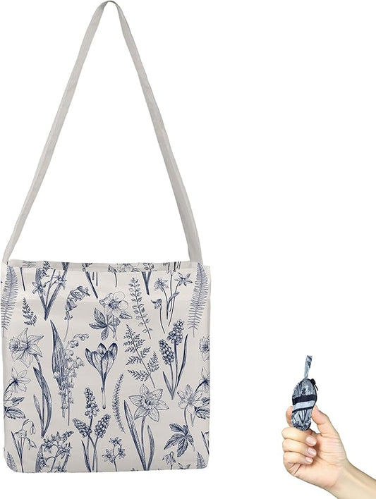 BeeGreen Froal Flowers Ultimate Crossbody Tote Bag - Reusable Grocery Shopping Bag - Foldable Compact Portable Sturdy Bags