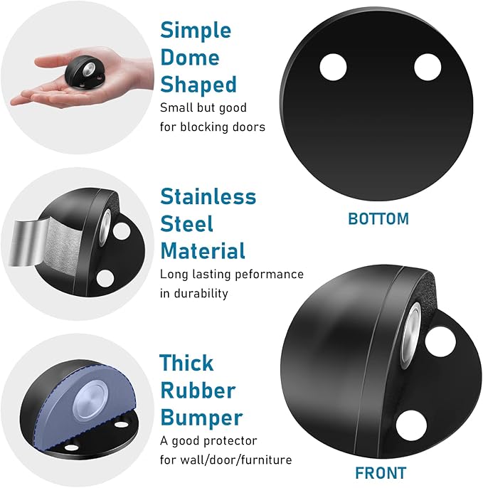 Magnetic Door Stop, Stoppers for Bottom of Door, Self Adhesive No Drill, Floor Doorstops Stainless Steel Door Catch Holder Wall Protector, Black, 4 Pack