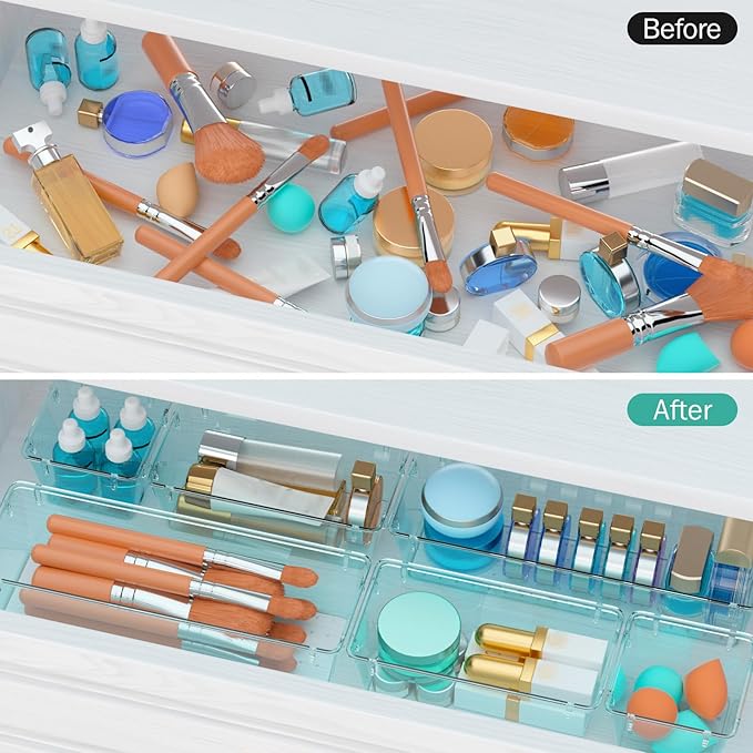 WOWBOX 9 Pack Clear Drawer Organizer Set, Acrylic Drawer Storage Trays, Storage Bins for Makeup, Cosmetics, Jewelry, Utensils, Gadgets, Office, Sea Blue