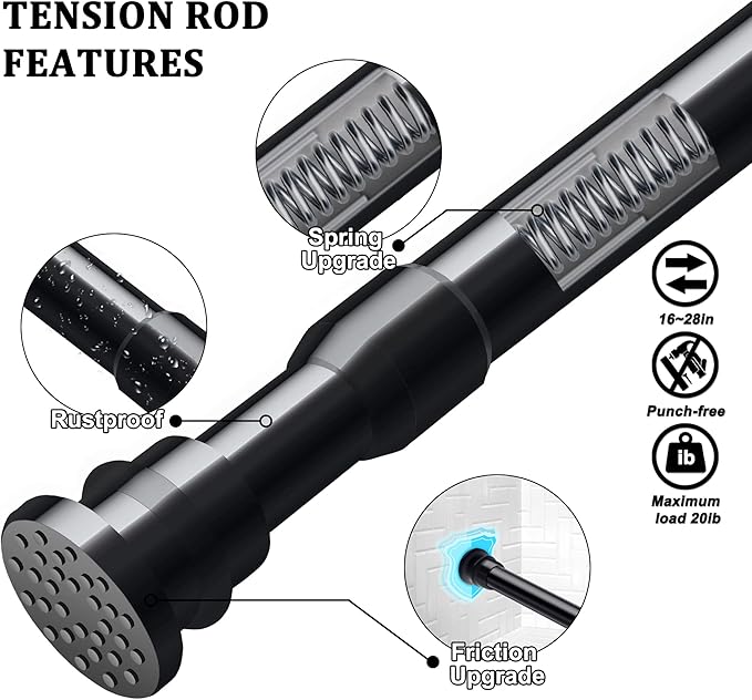 Small Tension Curtain Rods 16 to 28 Inches, Adjustable Expandable Short Shower Rod Non-Slip Non Drill Spring Tension Rod for Windows, Closet, Kitchen, Black
