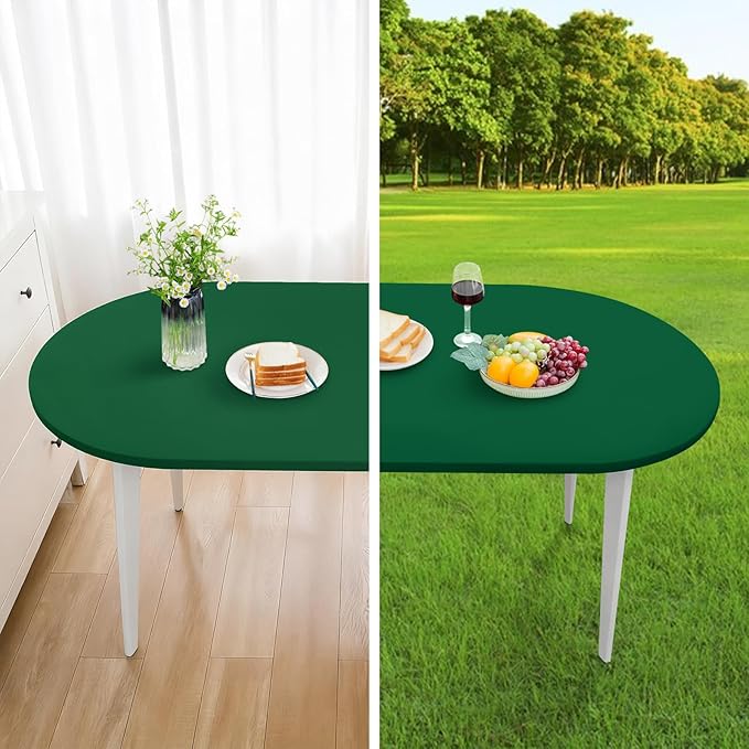 NEWISHER Fitted Oval Tablecloth 48 x 68 Inch Elastic Table Cloth, Stretch Spandex Table Cover Green Washable Polyester Top Cap Cover for Dining Picnic Camping Indoor and Outdoor