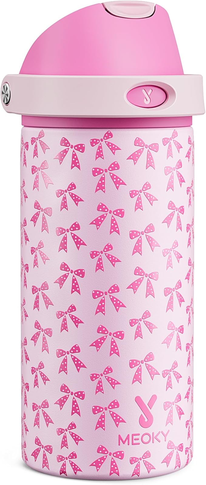 18 oz Kids Water Bottle for School: Meoky 18 oz Stainless Steel Insulated Water Bottle with 2-in-1 Straw and Spout Lid - Leak Proof, Fits in Car Cup Holder, BPA-Free for Teen Girls, Pink Bows