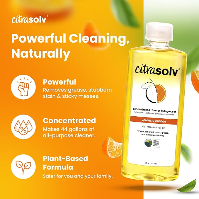 Citra Solv Concentrated Household Cleaner & Degreaser -Valencia Orange Scent 8 fl oz Safe, Effective, and Versatile Cleaning Solution, Natural Ingredients Non Toxic,Biodegradable, Made in USA (12)