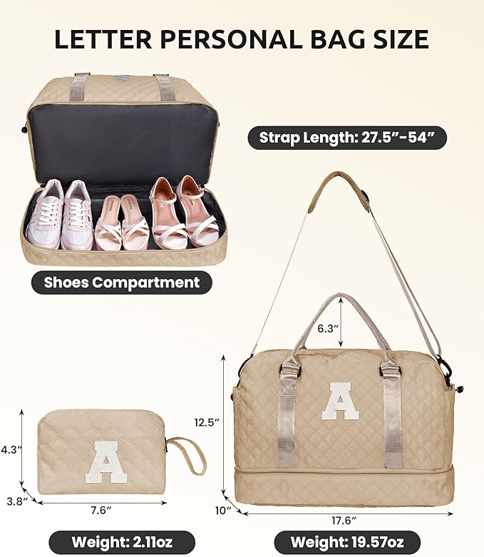 College Girl Gifts-Initial Kids Travel Bags with Shoe Compartment, Personalized Weekender Bag, Monogram Overnight Bag for Women, Travel Bag with Makeup Bag Teacher Gifts (Letter A)