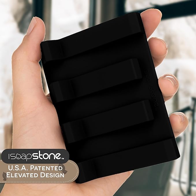 iSoapStone Silicone Soap Dish (USA Patented) Self Draining Bar Soap Holder for Shower Bathroom Sink, Drying Soap Dish Tray Sponge Holder Easy Cleaning Soap Saver Travel Accessories (Black, 1)