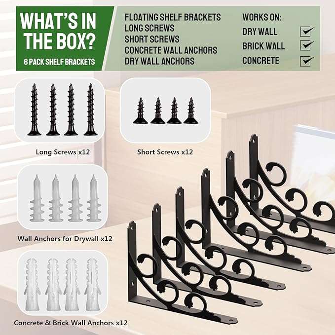 L Shelf Brackets for 5.5" 6" 7" Board, Floating Shelf Bracket Heavy Duty Metal Shelving Brackets for Shelves, Decorative Iron Rustic Wall Brackets for DIY Floating Shelf, 6 Pack Black