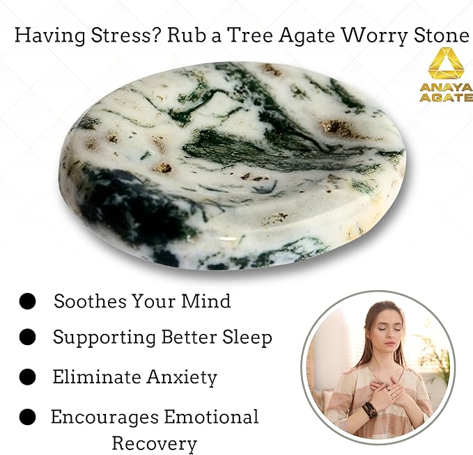 Tree Agate Worry Stones – Crystal Thumb Worry Stone for Anguish, Stress – Relaxing & Soothing Balance Stones for Meditation, Relief – Healing Stones & Crystals for Men, Women - Tree Agate