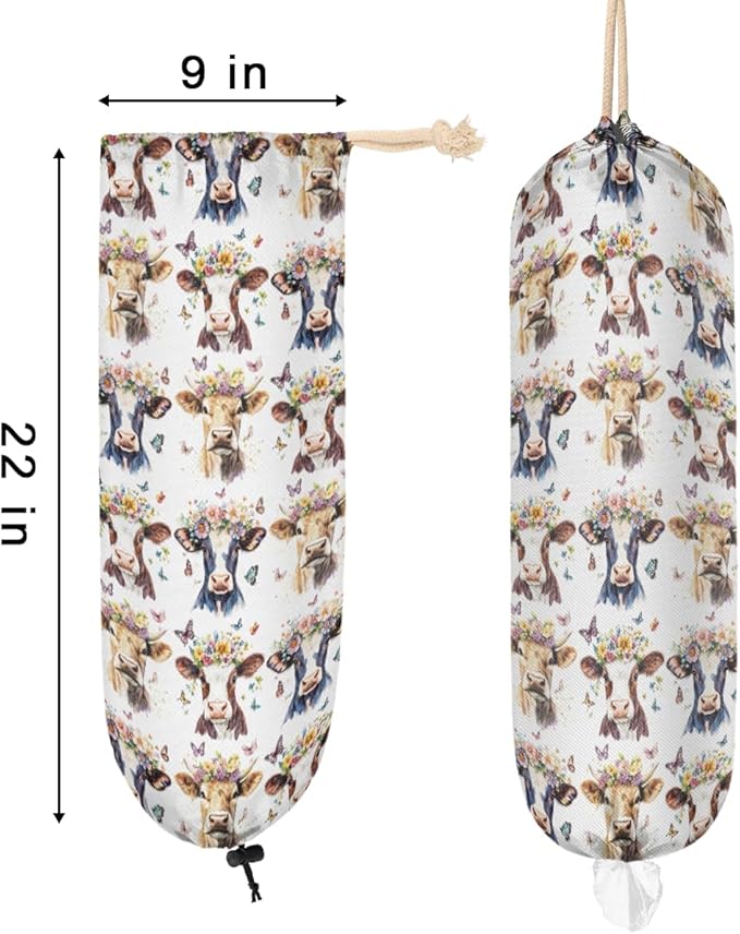 Plastic Bag Holder Butterfly Flower Highland Cow Wall Mount Grocery Bag Holder Washable Plastic Bag Dispenser Garbage Bag Organizer for Home Kitchen Decor, Gifts for Women Mom Family Friends