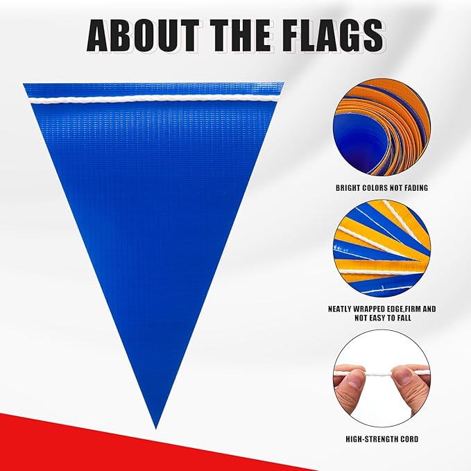Safety Warning Pennant Banner Flags – Multipurpose 315FT OSHA High Visibility Colored Triangle Flags for Outdoor, Party, Roadwork, and Hazard Areas (BLUE+YELLOW, 135pcs, 315FT)