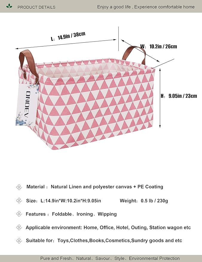 Rectangular Fabric Storage Box, Decorative Basket and Finishing Basket with Handle are Used for The Storage of Clothes, Books and Sundries (Pink Triangle) 1
