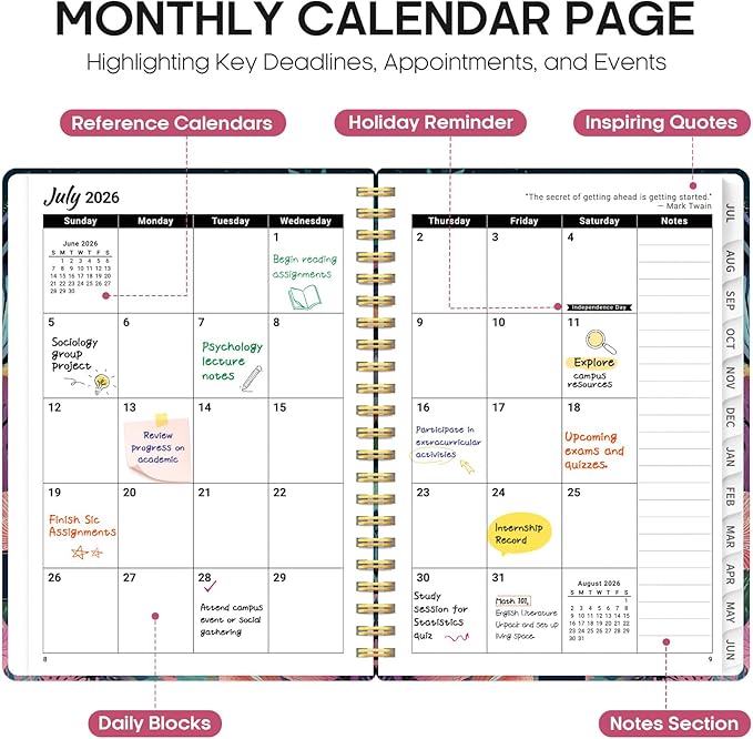 Planner 2026-2027, Academic Year Monthly and Weekly Calendar Planner, Jul 2026 - Jun 2027, Hardcover Teacher Student Planning Agenda book with Tabs, Perfect for School Office Supplies, 6.3" x 8.5" - Jellyfish