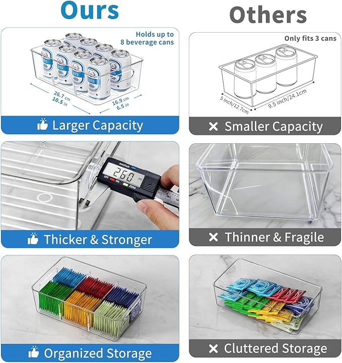Pantry Organizers and Storage, 8 Pack Snack Organizer for Pantry Shelf, Food Storage Bins with Dividers, Clear Containers for Organizing, Transparent Plastic Basket, Refrigerator and Fridge Bins