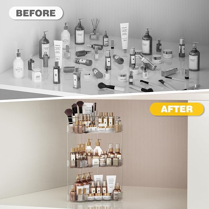 3-Tier Corner Bathroom Counter Organizer with Top Toothbrush Holders, Large Makeup Organizer Countertop with Brush Holder, Skincare Organizers Corner, Exquisite Vanity Organizer (Clear, 3 Tier)
