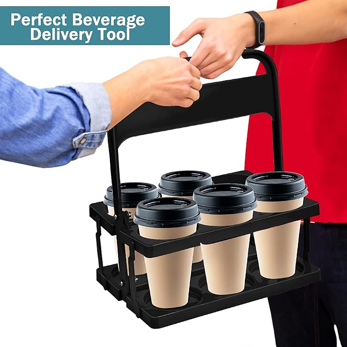 Plastic Portable Cup Holder, Foldable Cup Holder with Handle, 6-Holes Drink Carrier Foldable, Great for Eats Doordash Uber Car Drivers(Black)