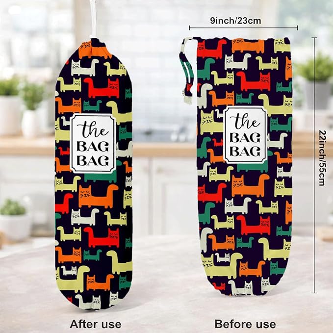 The Bag Bag Grocery Bags Holder, Colorful Cat Plastic Bags Holder, Plastic Sack Storage Container Dispenser, Stylish Reusable Trash Sack Storage Dispenser for Home Kitchen Decor