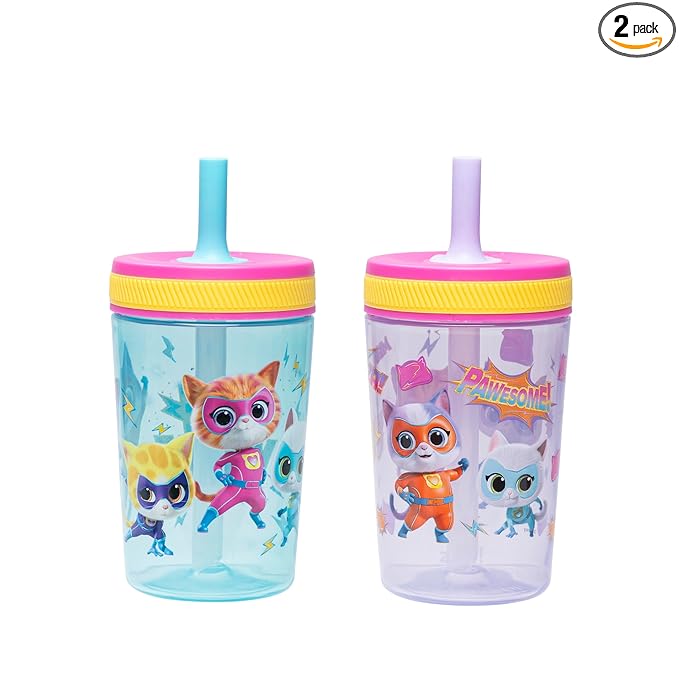Zak Designs Disney SuperKitties Kelso Toddler Tumblers For Travel or At Home, 15oz 2-Pack Durable Plastic Sippy Cups With Leak-Proof Design is Perfect For Kids (Ginny, Sparks, Buddy, Bitsy)