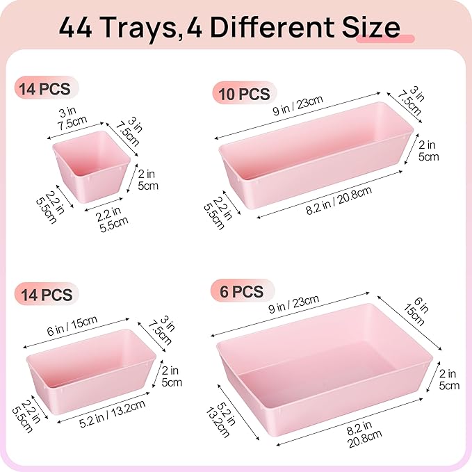 Vtopmart 44 PCS Plastic Drawer Organizers Set, 4-Size Versatile Bathroom and Vanity Organizer Trays, Non-Slip Storage Containers for Makeup, Jewelries, Bedroom, Kitchen Utensils and Office, Pink