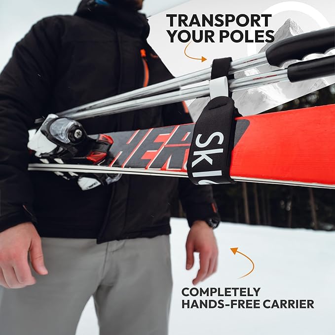 Sklon Ski Strap and Pole Carrier | Avoid the Struggle and Effortlessly Transport Your Ski Gear Everywhere You Go | Features Cushioned Shoulder Sling | Great for Families - Men, Women and Kids - Black