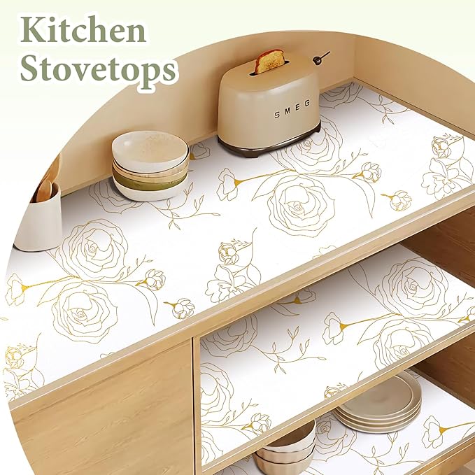 Shelf Liners for Kitchen Cabinets 17.5in x 20FT Non-Adhesive Drawer Liner Gold Floral Thickened Shelf Liner Paper Strong Non-Slip Easy to Clean for Tool Box Refrigerator with Knife and Tape Measure